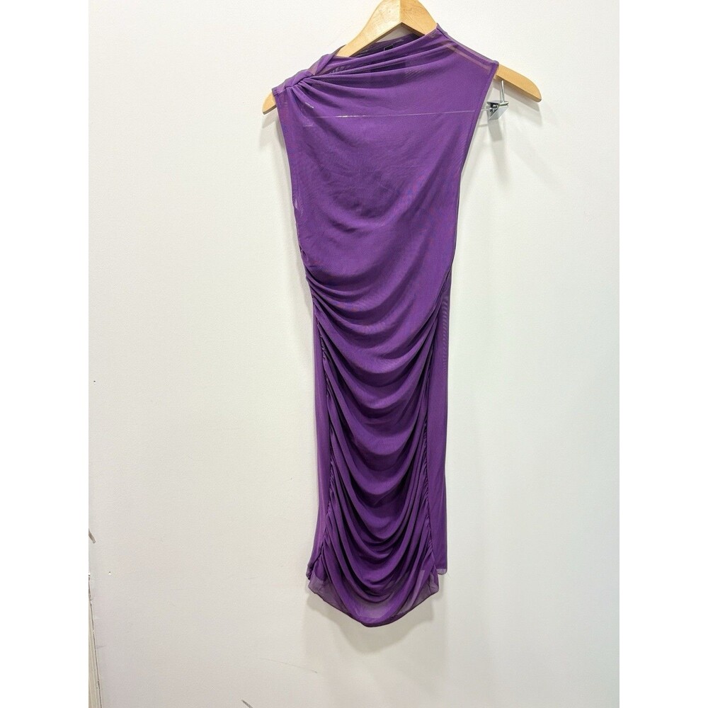 Steve Madden XS Purple Mesh Ruched Bodycon Midi Dress Sheer Asymmetrical Y2K